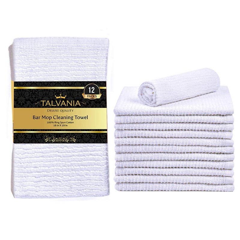 TALVANIA Bar Mop Towels 16â€x19â€, White Kitchen Bar Towel 12 Pack, 100% Cotton Ribbed Cleaning Cloths Rags, Super Absorbent Terry Shop Towels for Home Restaurant Commercial Use - Image 1